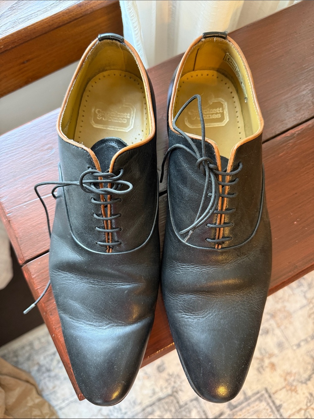 Crockett & Jones oxfords. Men's Black Leather Lace-Up Dress Shoes w/ Brown Trim